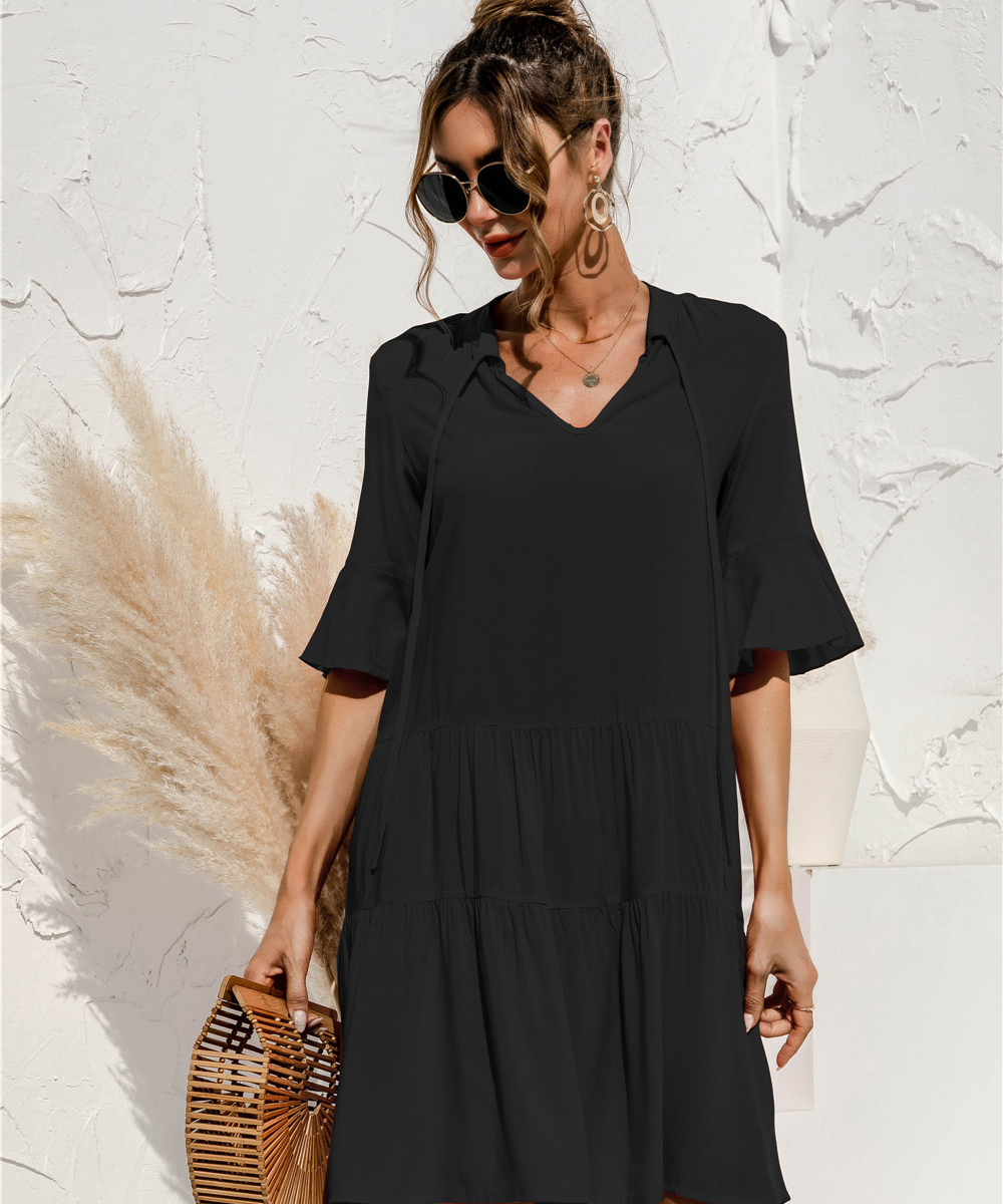 Women's 3/4 Sleeve Ruffle Mini Dress | V-Neck