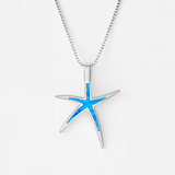 Silver Starfish Necklace - Blue Inlay Accent - Polished Silver Tone - Pendant
