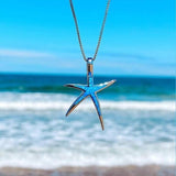 Silver Starfish Necklace - Blue Inlay Accent - Polished Silver Tone - Pendant