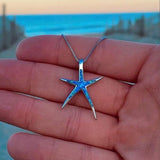 Silver Starfish Necklace - Blue Inlay Accent - Polished Silver Tone - Pendant
