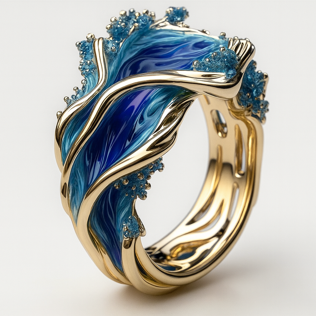 Ocean Wave-Inspired Wavy Band Ring with Blue and Gold Accents
