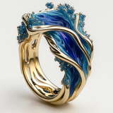Ocean Wave Gold Ring with Blue Accent Detailing