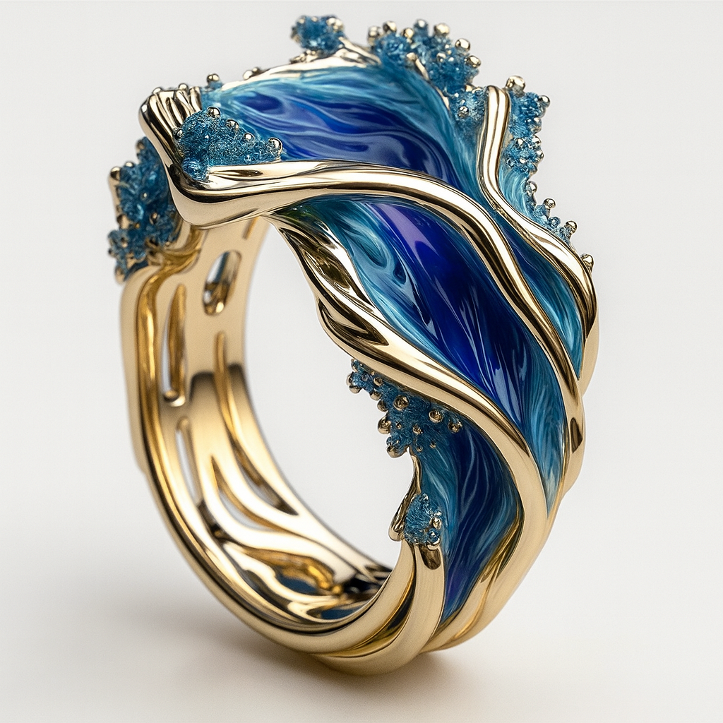 Ocean Wave-Inspired Wavy Band Ring with Blue and Gold Accents