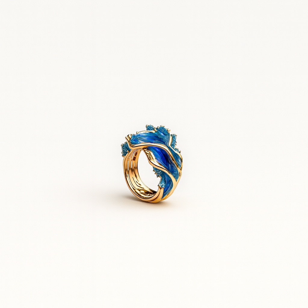 Ocean Wave-Inspired Wavy Band Ring with Blue and Gold Accents