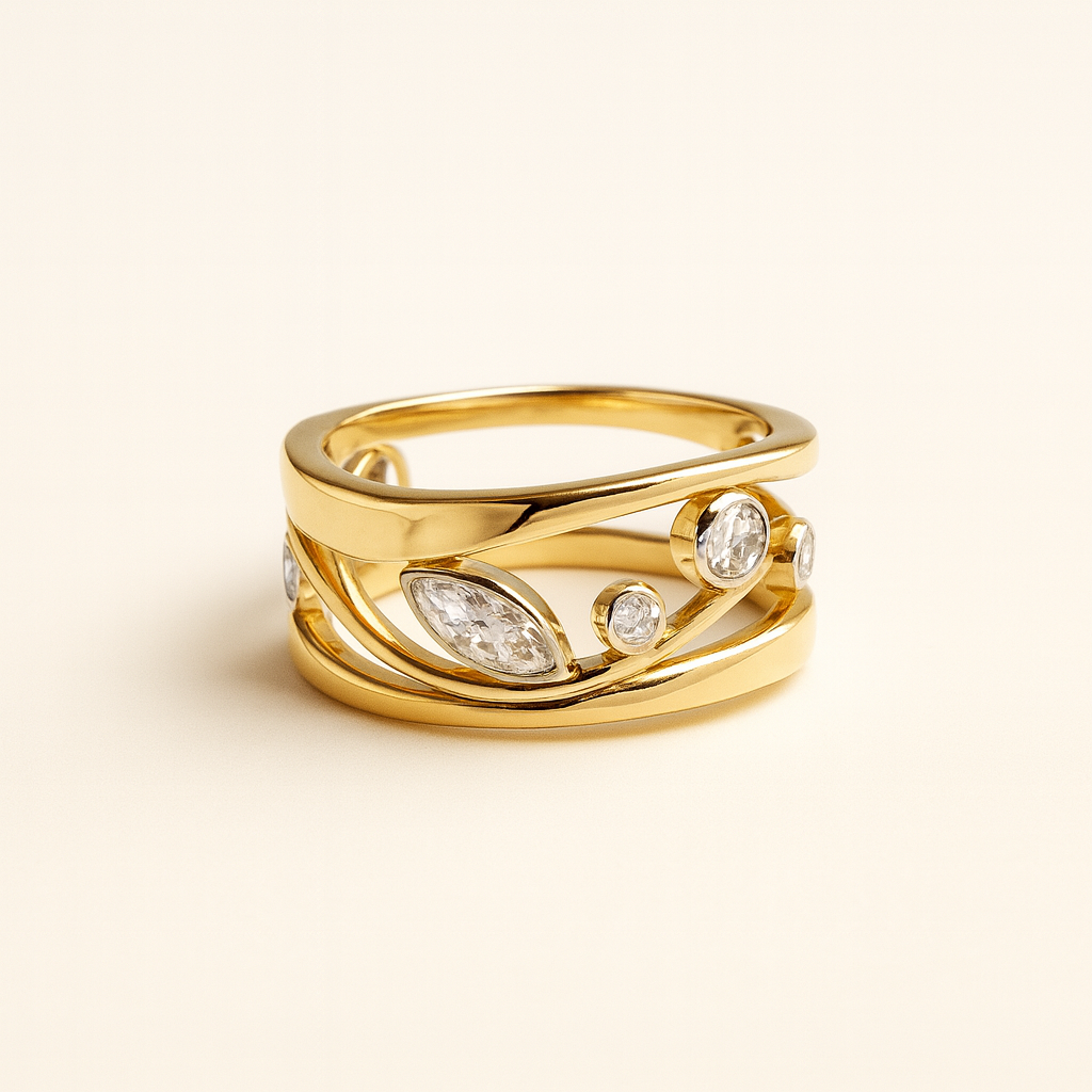 Open-Band Gold Ring with Mixed Zirconia Shapes