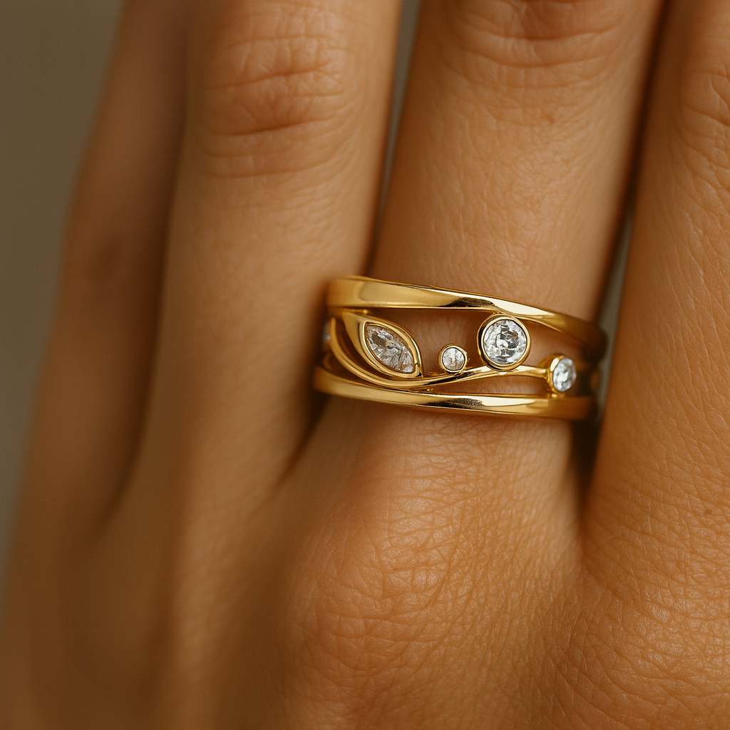 Open-Band Gold Ring with Mixed Zirconia Shapes