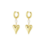 Gold Pearl and Heart Pendant Earrings - Romantic Heritage - 18K Gold Tone