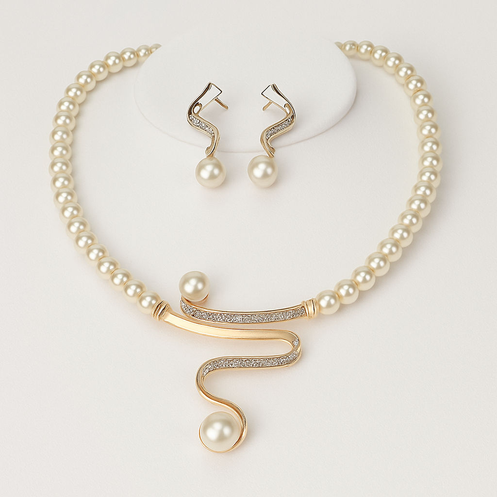 Pearl Necklace and Matching Earrings Jewelry Set in gold tone
