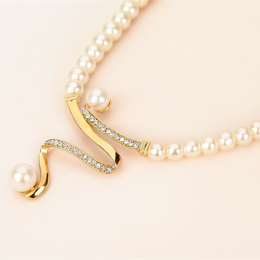 Pearl Necklace and Matching Earrings Jewelry Set in gold tone