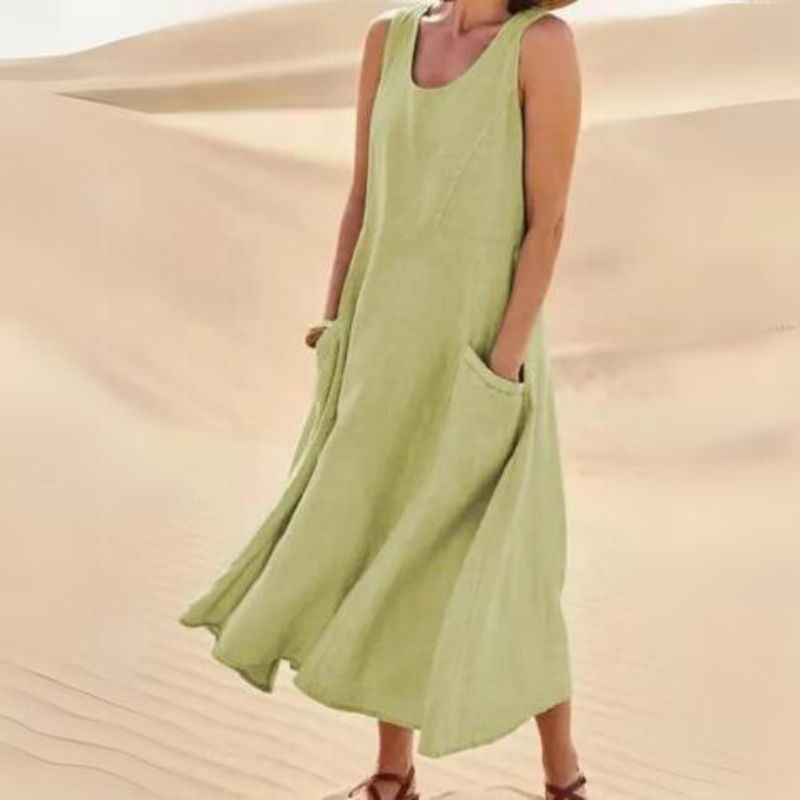 Women's Round Neck Sleeveless Summer Midi Dress | With Pockets