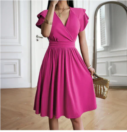 Women's Wrap V Neck Ruffled Short Sleeves Summer Dress | Mini