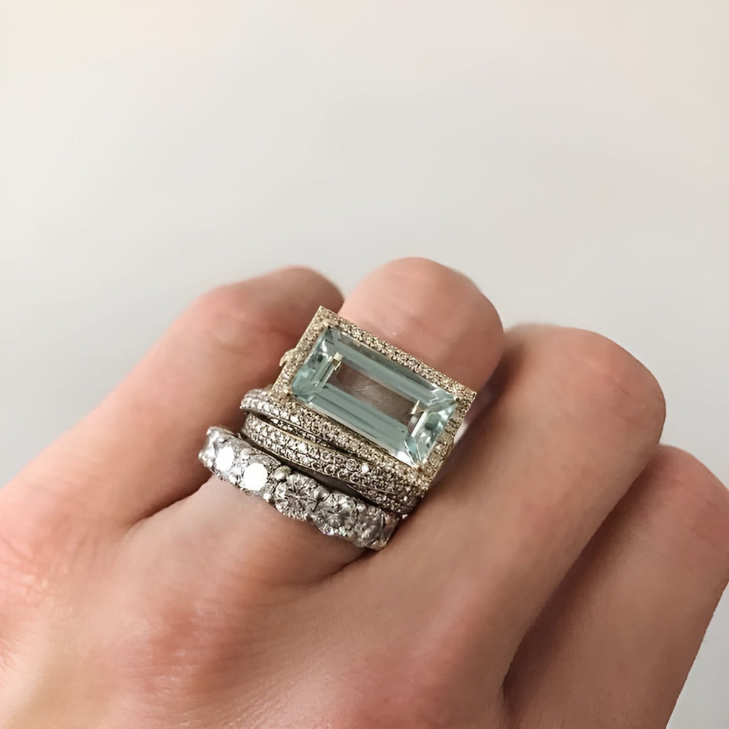 Rectangular Light Blue Glass Ring Set in Silver Tone