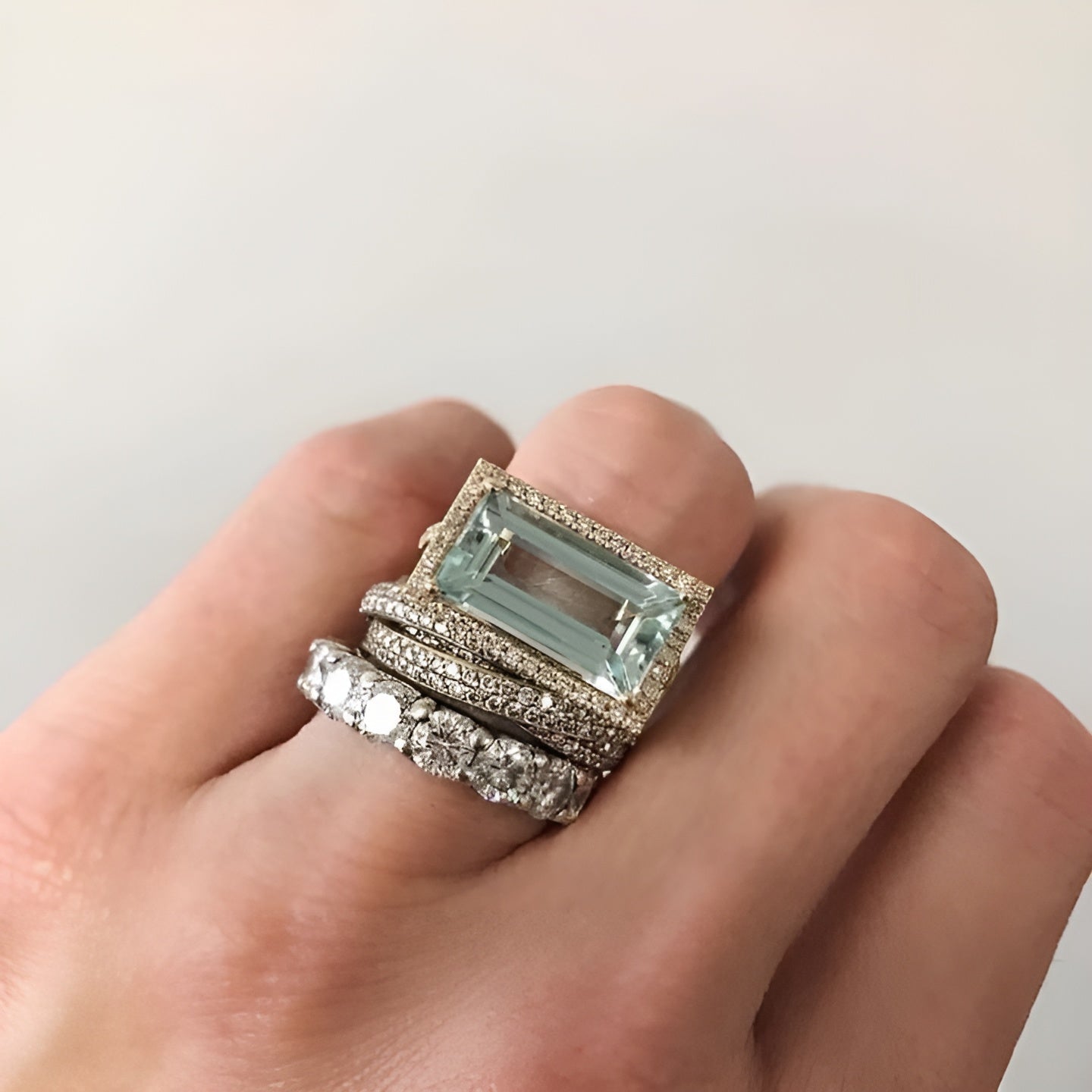 Rectangular Light Blue Glass Ring Set in Silver Tone