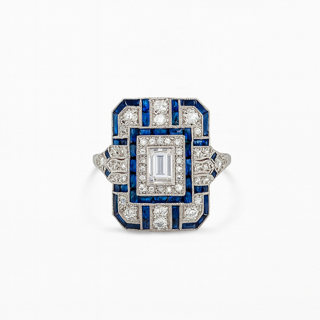 Rectangular Silver Ring with Blue and Clear Zirconia Accents