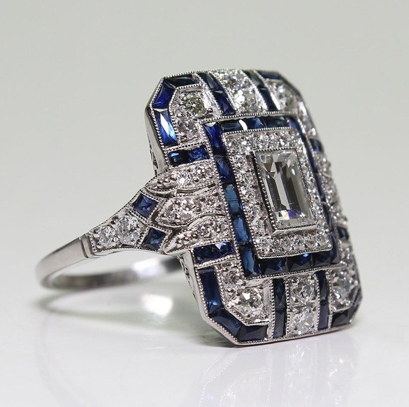Rectangular Silver Ring with Blue and Clear Zirconia Accents
