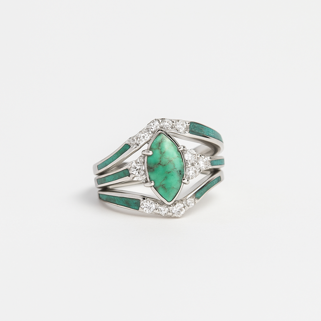 Retractable Silver Ring with Natural Turquoise and Crystals