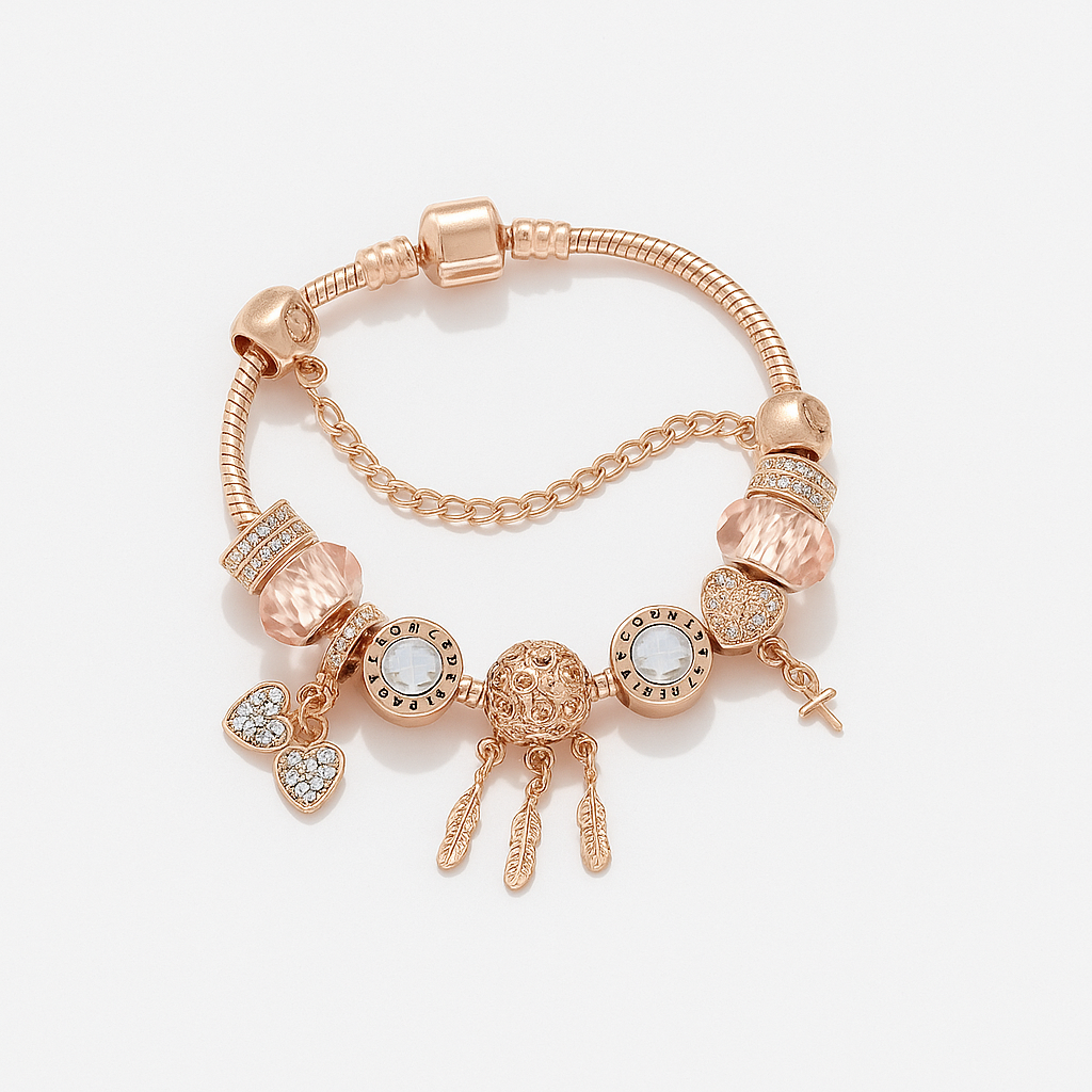 Rose-Tone Charm Bracelet with Beads and Dangling Accents
