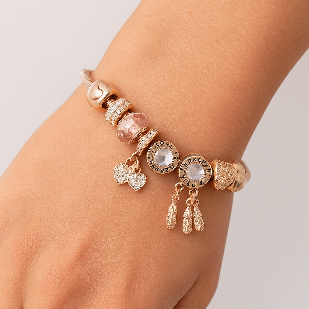 Rose-Tone Charm Bracelet with Beads and Dangling Accents