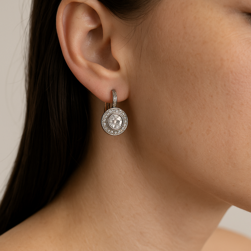 Round Leverback Earrings with Silver-Tone Zircon Setting