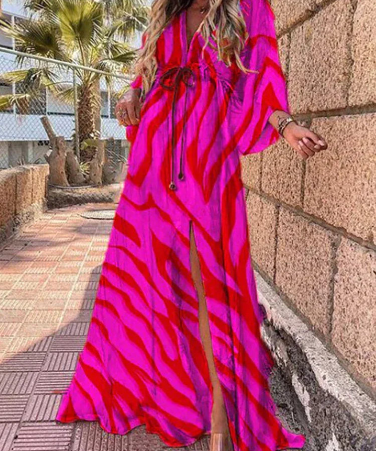 Women's Printed Wrap V Neck Dress | Maxi