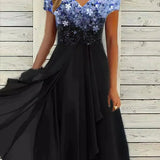 Women's V-Neck Short Sleeve Evening Dress | Midi