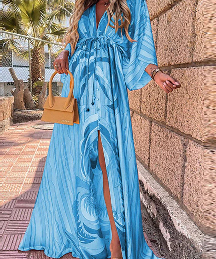 Women's Printed Wrap V Neck Dress | Maxi