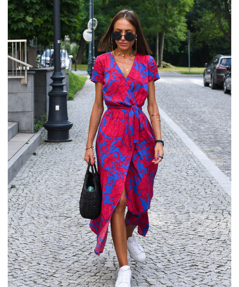 Women's Summer Vibrant Short Sleeve Wrap Maxi Dress | V-Neck