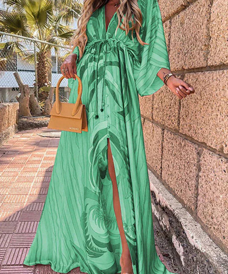 Women's Printed Wrap V Neck Dress | Maxi