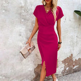 Women's Wrap V Neck Short Sleeves Formal Dress | Midi
