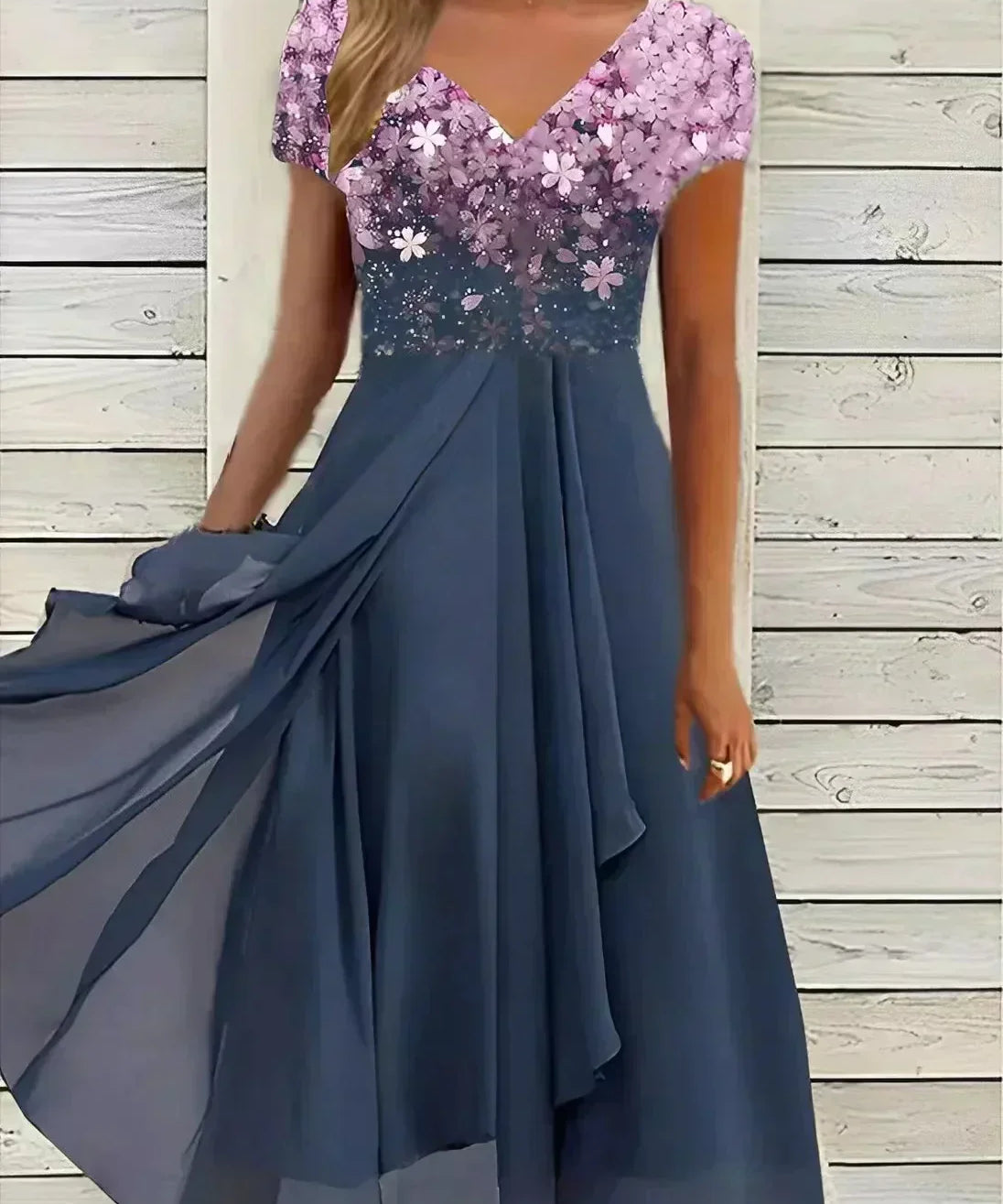 Women's V-Neck Short Sleeve Evening Dress | Midi