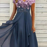 Women's V-Neck Short Sleeve Evening Dress | Midi