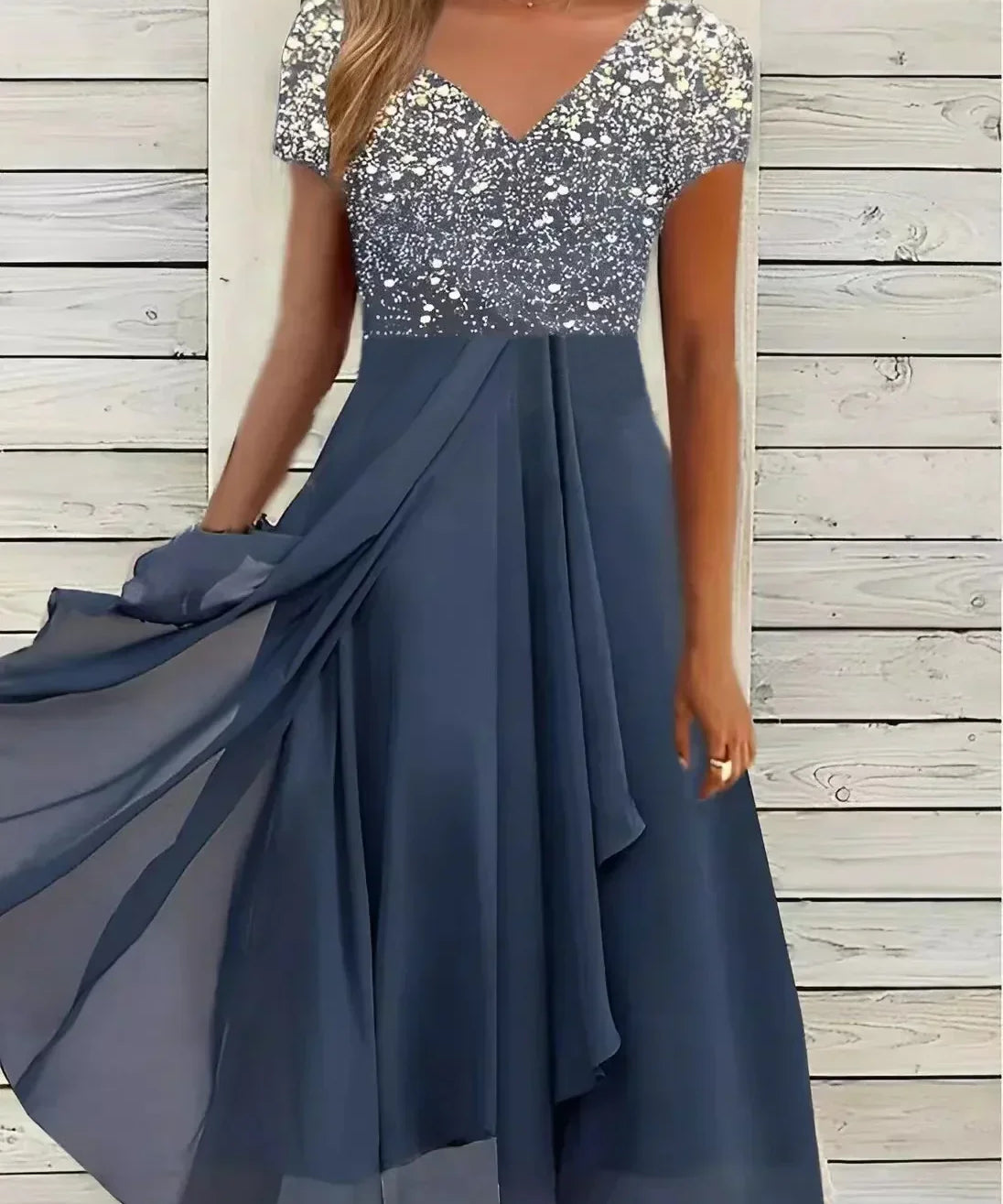 Women's V-Neck Short Sleeve Evening Dress | Midi