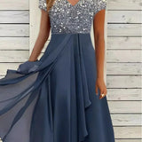 Women's V-Neck Short Sleeve Evening Dress | Midi