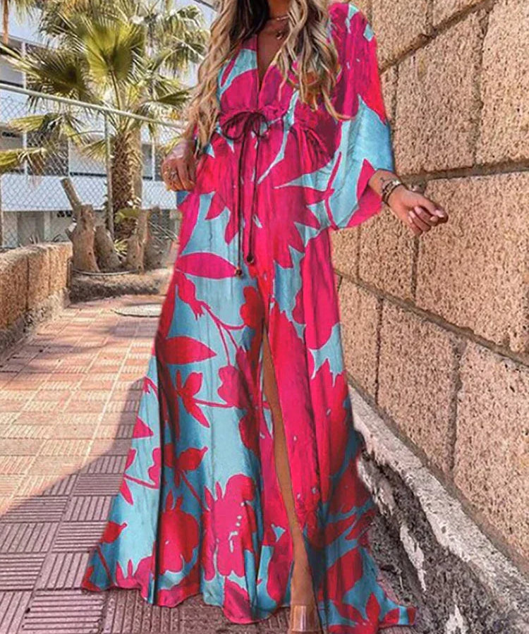 Women's Printed Wrap V Neck Dress | Maxi