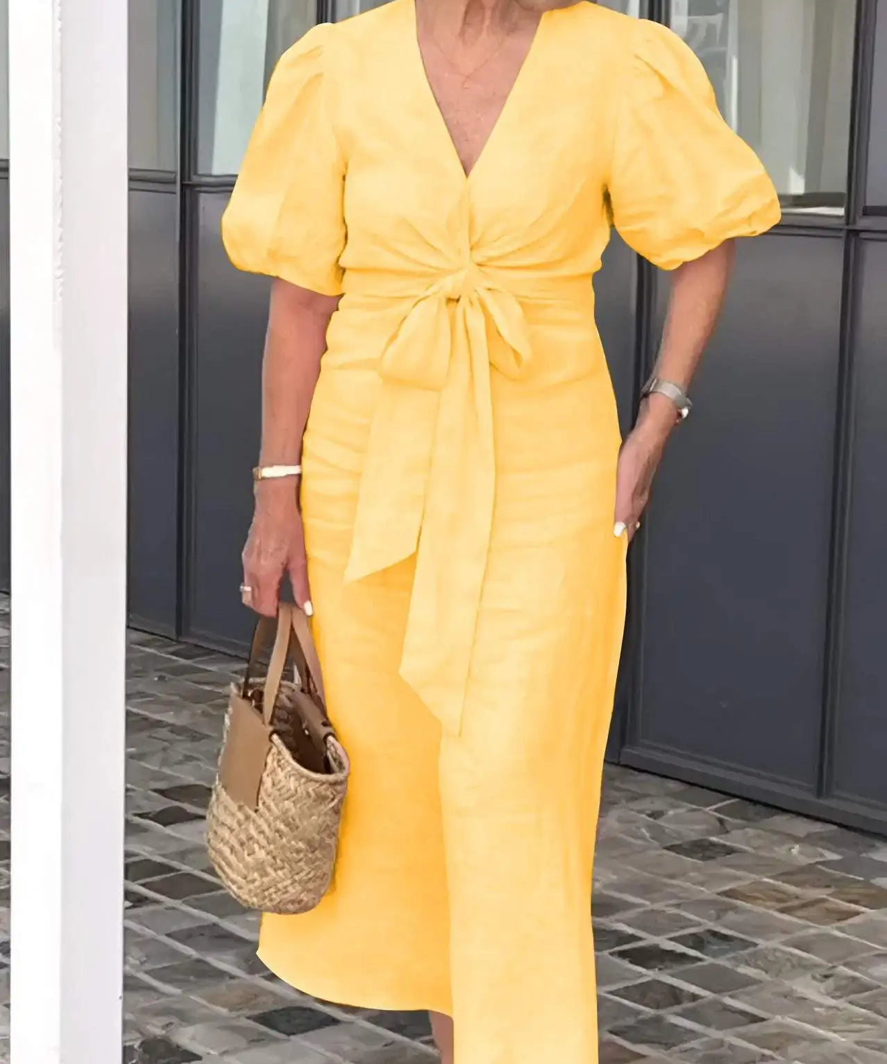 Women's Puff Sleeves V-neck Dress | Maxi