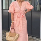 Women's Puff Sleeves V-neck Dress | Maxi