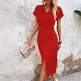 Women's Wrap V Neck Short Sleeves Formal Dress | Midi