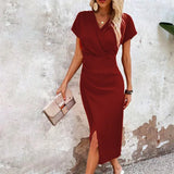 Women's Wrap V Neck Short Sleeves Formal Dress | Midi