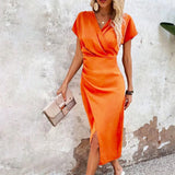 Women's Wrap V Neck Short Sleeves Formal Dress | Midi