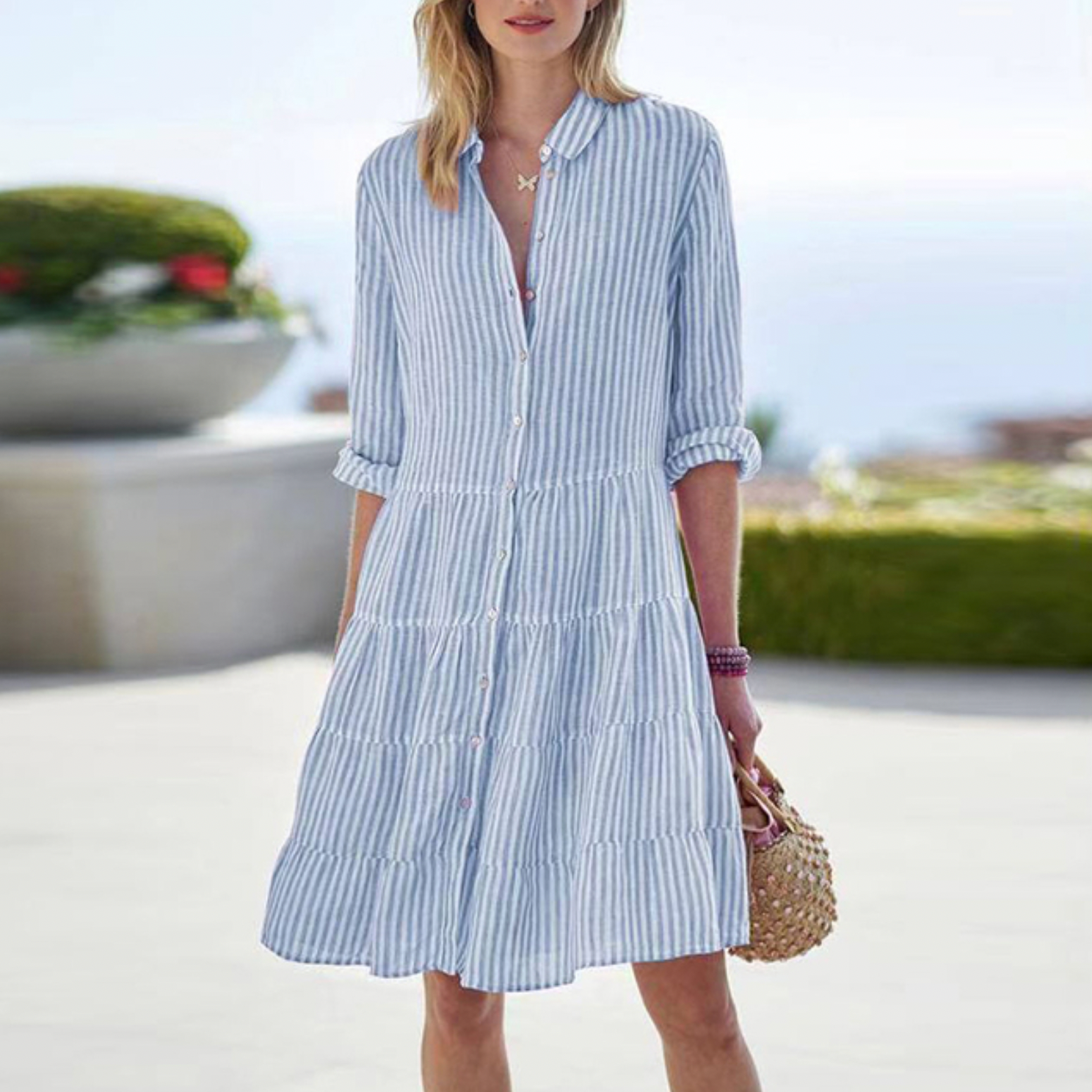 Women's 3/4 Sleeves & Collared Beach Shirt Dress | Mini