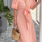 Women's Puff Sleeves V-neck Dress | Maxi