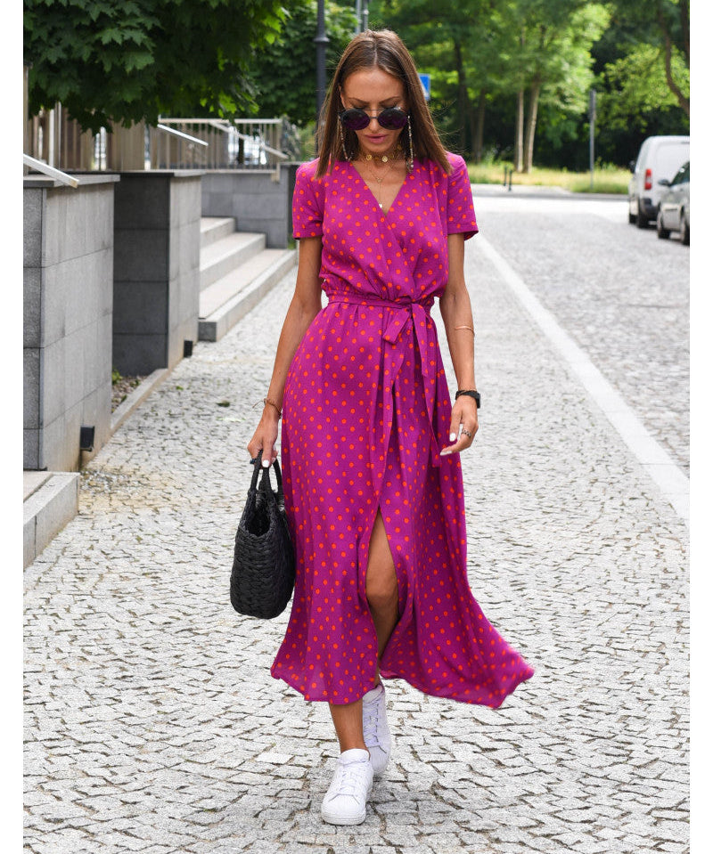 Women's Summer Vibrant Short Sleeve Wrap Maxi Dress | V-Neck