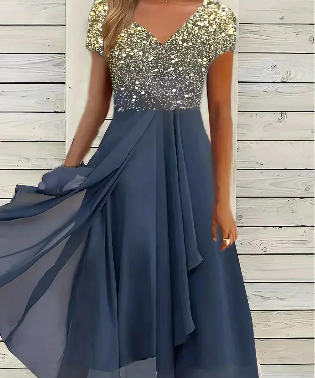 Women's V-Neck Short Sleeve Evening Dress | Midi