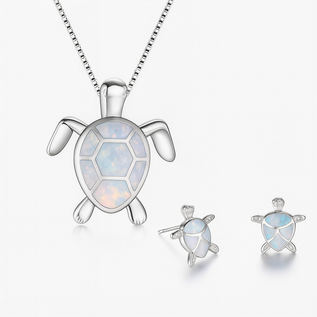 Silver Jewelry Set - Sea Turtle Pendant & Earrings - Polished Silver Tone