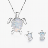Silver Jewelry Set - Sea Turtle Pendant & Earrings - Polished Silver Tone