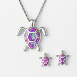 Silver Jewelry Set - Sea Turtle Pendant & Earrings - Polished Silver Tone