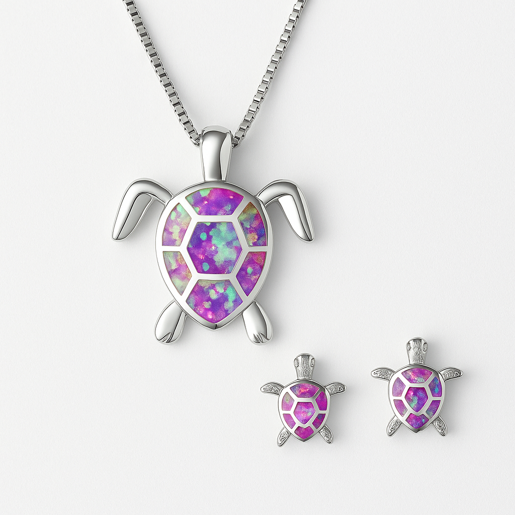 Sea Turtle Pendant and Earrings in Silver Finish