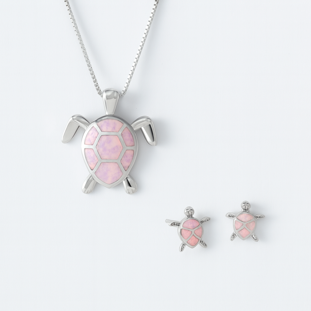 Silver Jewelry Set - Sea Turtle Pendant & Earrings - Polished Silver Tone