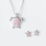 Silver Jewelry Set - Sea Turtle Pendant & Earrings - Polished Silver Tone
