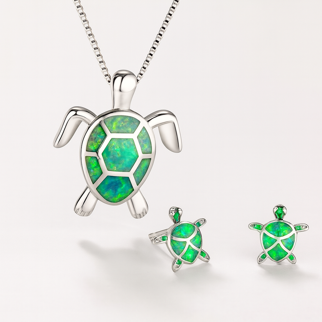 Silver Jewelry Set - Sea Turtle Pendant & Earrings - Polished Silver Tone